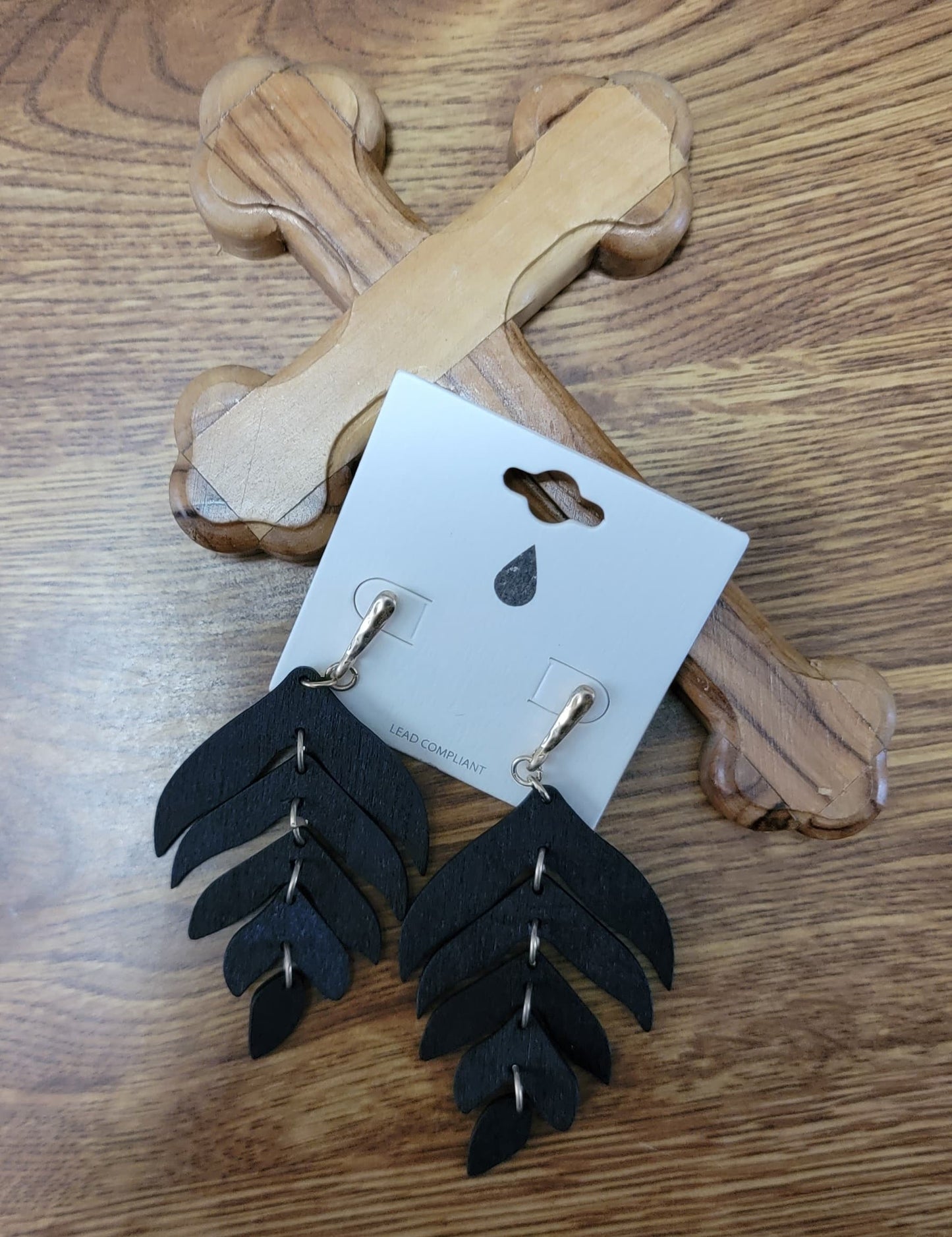 Linked Wooden Leaf Drop Earrings