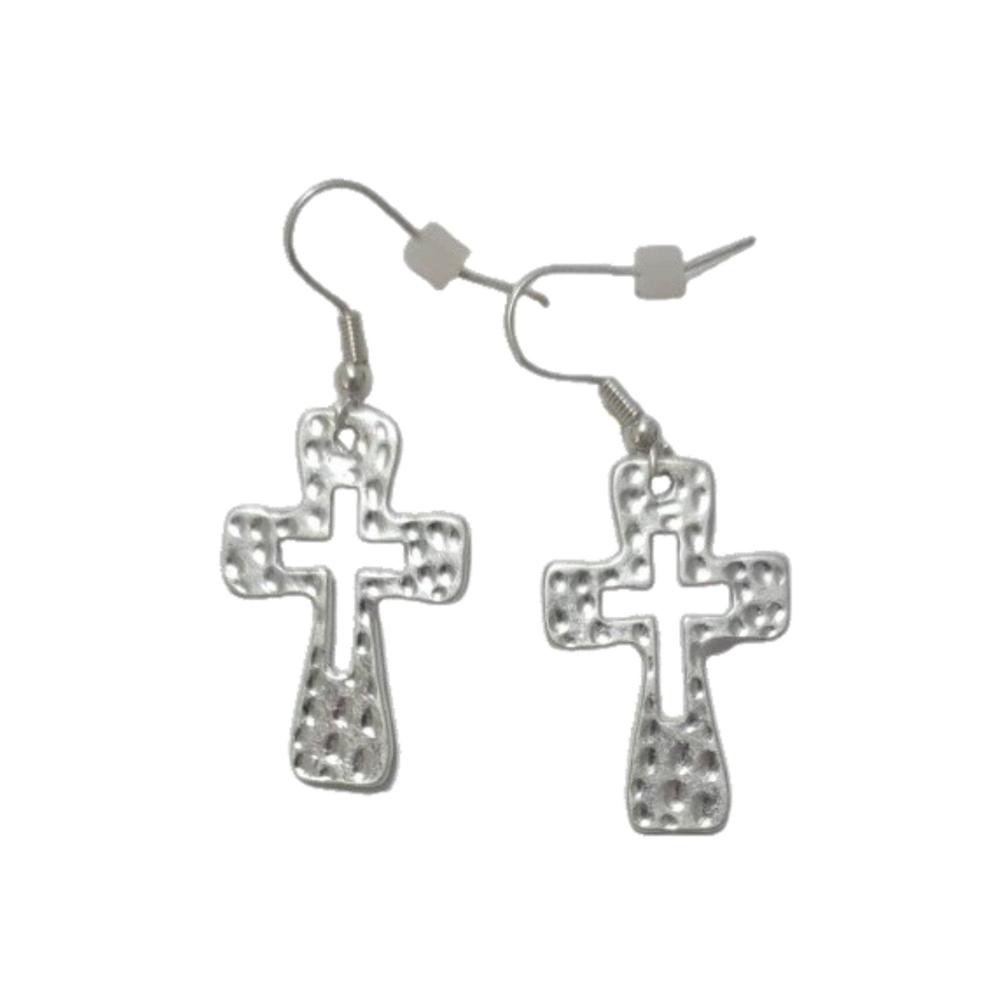 Silver Hammered Cross Earrings